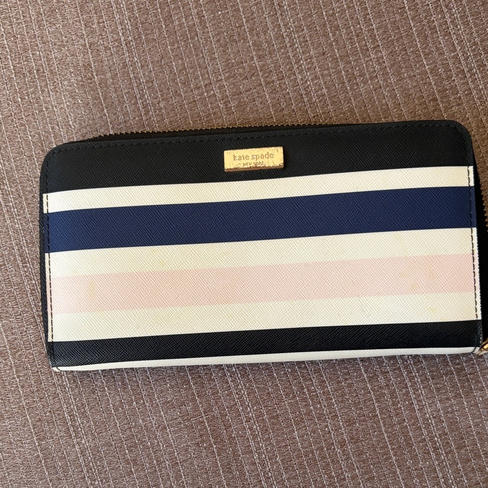 kate spade Navy, Black, Blush & White Striped Zip Wallet